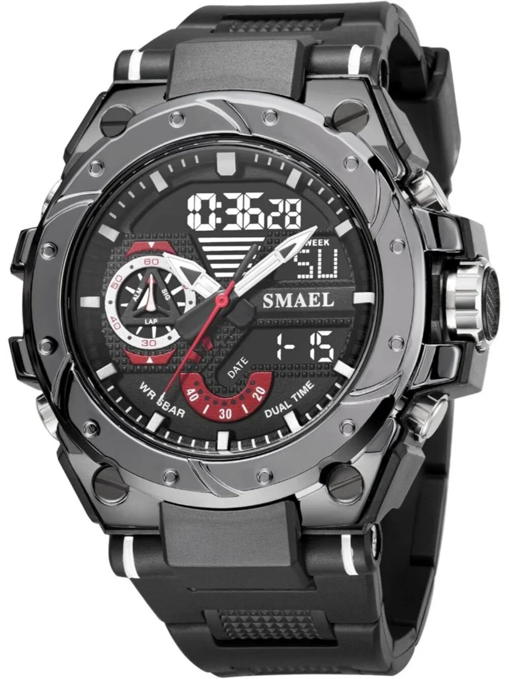 Men's Grey And Black Analog Quartz Sports Waterproof Military LED Digital Watch